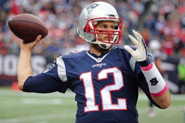 New England Patriots quarterback Tom Brady warms up  during a NFL football game against the New York Jets at Gillette Stadium in Foxborough, Mass. Sunday, Oct. 25, 2015. (Winslow Townson/AP Images for Panini)