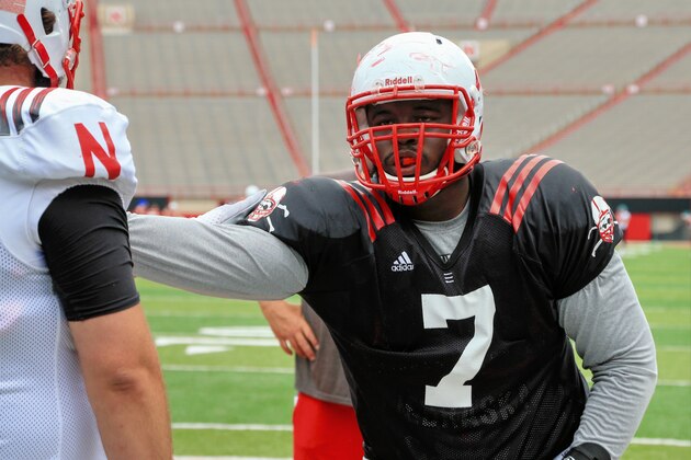 Nebraska defensive tackle Maliek Collins (7) participates in a drill during NCAA college football practice in Lincoln, Neb., Tuesday, Sept. 1, 2015. (AP Photo/Nati Harnik)