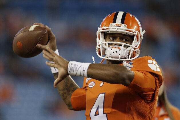 Clemson quarterback Deshaun Watson warms up prior to the Atlantic Coast Conference championship NCAA college football game against North Carolina in Charlotte, N.C., Saturday, Dec. 5, 2015. (AP Photo/Bob Leverone)