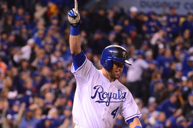 Oct 27, 2015; Kansas City, MO, USA; Kansas City Royals left fielder Alex Gordon (4) celebrates after hitting a solo home run against the New York Mets in the 9th inning in game one of the 2015 World Series at Kauffman Stadium. Mandatory Credit: Jeff Curry-USA TODAY Sports