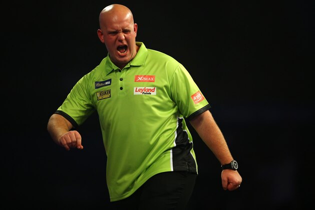 LONDON, ENGLAND - DECEMBER 18: Michael van Gerwen reacts during his first round match against Rene Eidams on day two of the 2016 William Hill PDC World Darts Championships at Alexandra Palace on December 18, 2015 in London, England. (Photo by Richard Heathcote/Getty Images) LONDON, ENGLAND - DECEMBER 18: Michael van Gerwen reacts during his first round match against Rene Eidams on day two of the 2016 William Hill PDC World Darts Championships at Alexandra Palace on December 18, 2015 in London, England. (Photo by Richard Heathcote/Getty Images)