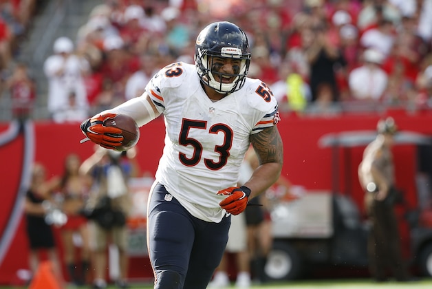 Chicago Bears linebacker John Timu (53) celebrates after recovering a fumble by Tampa Bay Buccaneers running back Doug Martin during the second half of an NFL football game Sunday, Dec. 27, 2015, in Tampa, Fla. (AP Photo/Brian Blanco)