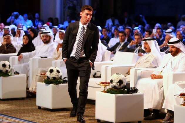 Barcelona football striker Lionel Messi attends the opening session of the 10th edition of Dubai International Sports Conference in Dubai on December 27, 2015. AFP PHOTO / MARWAN NAAMANI / AFP / MARWAN NAAMANI        (Photo credit should read MARWAN NAAMANI/AFP/Getty Images)