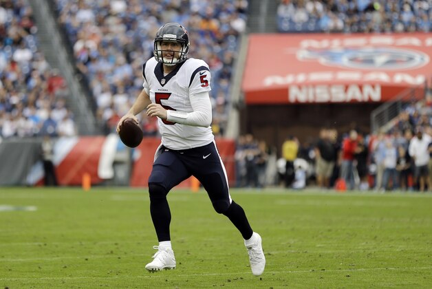 Houston Texans quarterback Brandon Weeden (5) scrambles for a touchdown on a 7-yard run against the Tennessee Titans in the first half of an NFL football game Sunday, Dec. 27, 2015, in Nashville, Tenn. (AP Photo/James Kenney)