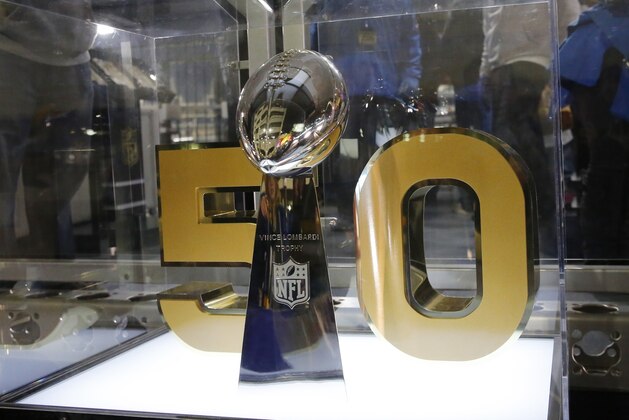 A Super Bowl 50 display is seen at the NFLN Fan activation set outside Ford Field before an NFL football game between the Detroit Lions and the Green Bay Packers, Thursday, Dec. 3, 2015, in Detroit. (AP Photo/Rick Osentoski)