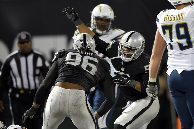 OAKLAND, CA - DECEMBER 24:  Denico Autry #96 and Khalil Mack #52 of the Oakland Raiders celebrates after Autry sacked Philip Rivers #17 of the San Diego Chargers in the endzone for a safety in the third quarter of their NFL game at O.co Coliseum on December 24, 2015 in Oakland, California.  (Photo by Thearon W. Henderson/Getty Images)