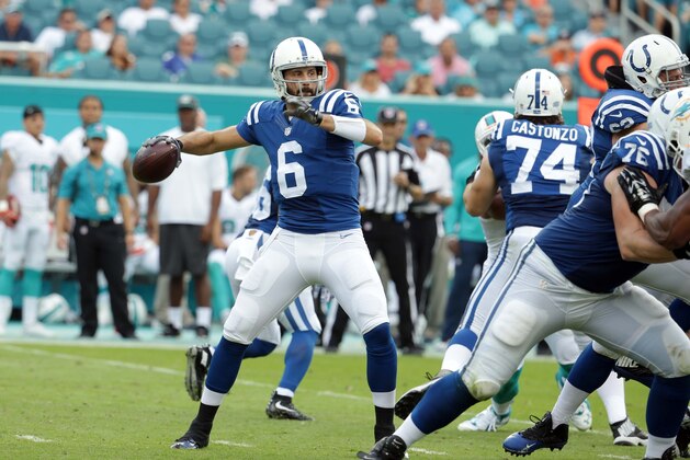 Indianapolis Colts quarterback Charlie Whitehurst (6) aims a pass during the second half of an NFL football game against the Miami Dolphins, Sunday, Dec. 27, 2015, in Miami Gardens, Fla.  (AP Photo/Lynne Sladky)