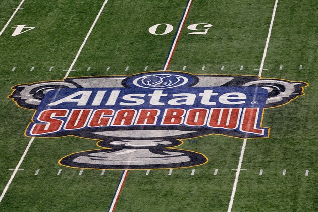 NEW ORLEANS, LA - JANUARY 03:  A detail of the Allstate Sugar Bowl logo painted on the field turf as the Michigan Wolverines play against the Virginia Tech Hokies during the Allstate Sugar Bowl at Mercedes-Benz Superdome on January 3, 2012 in New Orleans, Louisiana.  (Photo by Kevin C. Cox/Getty Images)