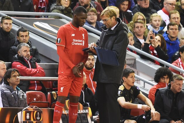 LIVERPOOL, ENGLAND - OCTOBER 22:  Christian Benteke of Liverpool receives instructions from Jurgen Klopp the manager of Liverpool as he prepares to come on as a second half substitute during the UEFA Europa League Group B match between Liverpool FC and Rubin Kazan at Anfield on October 22, 2015 in Liverpool, United Kingdom.  (Photo by Michael Regan/Getty Images)