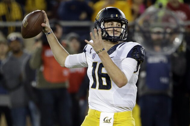 California quarterback Jared Goff (16) throws against Stanford during the first half of an NCAA college football game Saturday, Nov. 21, 2015, in Stanford, Calif. (AP Photo/Marcio Jose Sanchez)