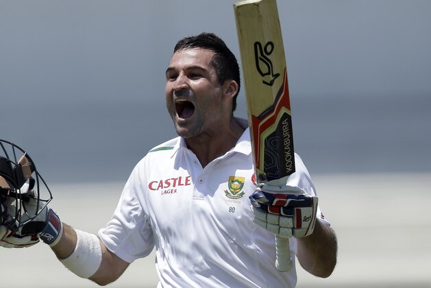 South Africa’s batsman Dean Elgar celebrates his century on the third day of their first cricket test match against England at Kingsmead in Durban, South Africa, Monday, Dec. 28, 2015. (AP Photo/Themba Hadebe)