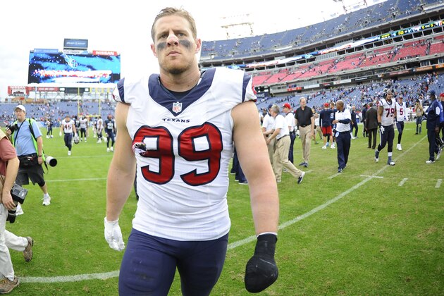 Dec 27, 2015; Nashville, TN, USA; Houston Texans defensive end J.J. Watt (99) after a win against the Tennessee Titans at Nissan Stadium. The Texans won 34-6. Mandatory Credit: Christopher Hanewinckel-USA TODAY Sports Dec 27, 2015; Nashville, TN, USA; Houston Texans defensive end J.J. Watt (99) after a win against the Tennessee Titans at Nissan Stadium. The Texans won 34-6. Mandatory Credit: Christopher Hanewinckel-USA TODAY Sports