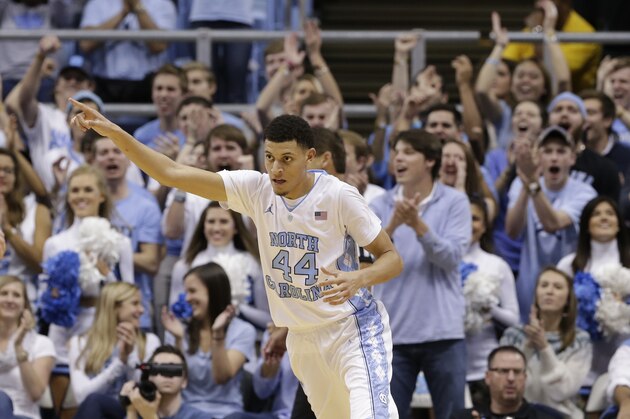 North Carolina's Justin Jackson (44) reacts following a basket against Fairfield during the second half of an NCAA college basketball game in Chapel Hill, N.C., Sunday, Nov. 15, 2015.  North Carolina won 92-65. (AP Photo/Gerry Broome)