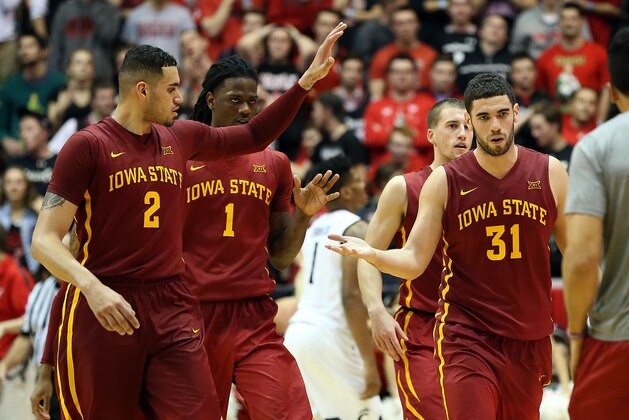 Dec 22, 2015; Cincinnati, OH, USA; Iowa State Cyclones forward Georges Niang (31) reacts with teammates during a timeout against the Cincinnati Bearcats in the second half at Fifth Third Arena. Iowa State won 81-79. Mandatory Credit: Aaron Doster-USA TODAY Sports