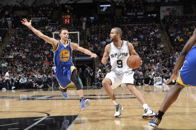 SAN ANTONIO, TX - APRIL 5: Tony Parker #9 of the San Antonio Spurs drives against Stephen Curry #30 of the Golden State Warriors on April 5, 2015 at the AT&T Center in San Antonio, Texas. NOTE TO USER: User expressly acknowledges and agrees that, by downloading and or using this Photograph, user is consenting to the terms and conditions of the Getty Images License Agreement. Mandatory Copyright Notice: Copyright 2015 NBAE (Photo by D. Clarke Evans/NBAE via Getty Images)