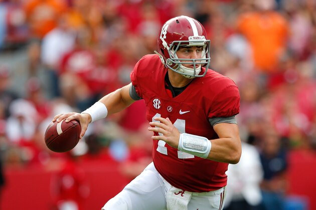 TUSCALOOSA, AL - OCTOBER 24:  Jake Coker #14 of the Alabama Crimson Tide looks to pass against the Tennessee Volunteers at Bryant-Denny Stadium on October 24, 2015 in Tuscaloosa, Alabama.  (Photo by Kevin C. Cox/Getty Images)