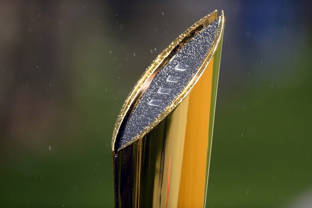 Nov 14, 2015; Waco, TX, USA; A general view of the College Football Playoff National Championship Trophy during the game between the Baylor Bears and the Oklahoma Sooners at McLane Stadium. Oklahoma won 44-34. Mandatory Credit: Joe Camporeale-USA TODAY Sports