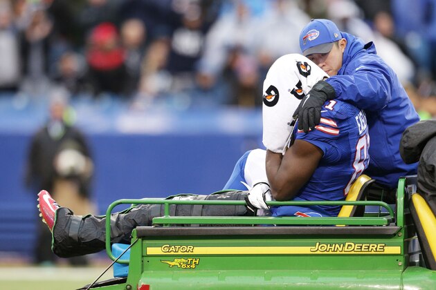ORCHARD PARK, NY - DECEMBER 27:   Marcus Easley #81 of the Buffalo Bills gets carted off the field during the first half against the Dallas Cowboys at Ralph Wilson Stadium on December 27, 2015 in Orchard Park, New York.  (Photo by Brett Carlsen/Getty Images)