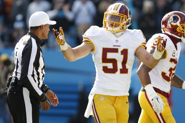 Washington Redskins' Will Compton (51) argues a call in the first half of an NFL football game against the Carolina Panthers in Charlotte, N.C., Sunday, Nov. 22, 2015. (AP Photo/Bob Leverone)