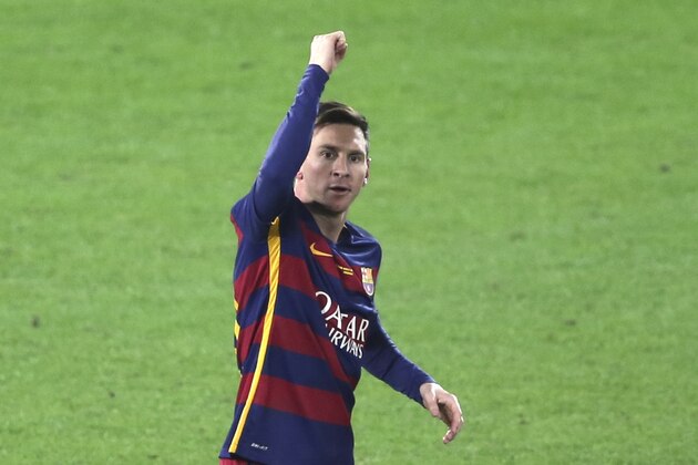 FC Barcelona’s Lionel Messi celebrates after scoring a goal against River Plate during their final match at the FIFA Club World Cup soccer tournament in Yokohama, near Tokyo, Sunday, Dec. 20, 2015. (AP Photo/Koji Sasahara)