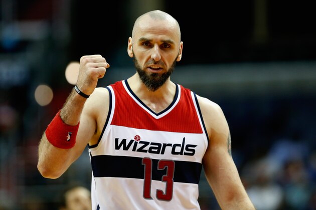 WASHINGTON, DC - DECEMBER 21: Marcin Gortat #13 of the Washington Wizards reacts to a call late in the fourth quarter of the Wizards 113-99 win over the Sacramento Kings at Verizon Center on December 21, 2015 in Washington, DC. NOTE TO USER: User expressly acknowledges and agrees that, by downloading and or using this photograph, User is consenting to the terms and conditions of the Getty Images License Agreement.  (Photo by Rob Carr/Getty Images)