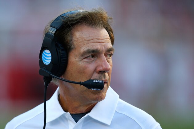 TUSCALOOSA, AL - SEPTEMBER 12:  Head coach Nick Saban of the Alabama Crimson Tide looks on during the game against the Middle Tennessee Blue Raiders at Bryant-Denny Stadium on September 12, 2015 in Tuscaloosa, Alabama.  (Photo by Kevin C. Cox/Getty Images)