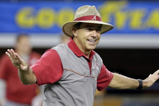Alabama head coach Nick Saban gestures during team practice for the NCAA Cotton Bowl college football game against Michigan State, Monday, Dec. 28, 2015, in Arlington, Texas. (AP Photo/LM Otero)