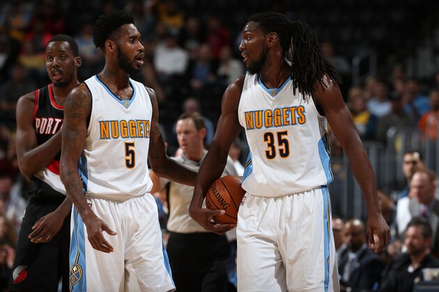 DENVER, CO - NOVEMBER 09:  Will Barton #5 and Kenneth Faried #35 of the Denver Nuggets take the court against the Portland Trail Blazers at Pepsi Center on November 9, 2015 in Denver, Colorado. The Nuggets defeated the Blazers 108-104. NOTE TO USER: User expressly acknowledges and agrees that, by downloading and or using this photograph, User is consenting to the terms and conditions of the Getty Images License Agreement.  (Photo by Doug Pensinger/Getty Images)