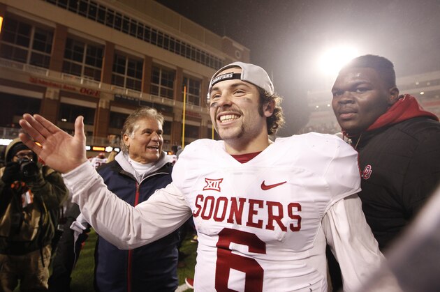 STILLWATER, OK - NOVEMBER 28 : Quarterback Baker Mayfield #6 of the Oklahoma Sooners celebrates after the game against the Oklahoma State Cowboys November 28, 2015 at Boone Pickens Stadium in Stillwater, Oklahoma. Oklahoma defeated Oklahoma State 58-23.(Photo by Brett Deering/Getty Images)