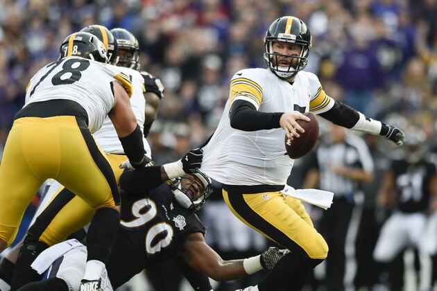 Pittsburgh Steelers quarterback Ben Roethlisberger (7) is pulled down by Baltimore Ravens linebacker Za'Darius Smith (90) during the second half of an NFL football game in Baltimore, Sunday, Dec. 27, 2015. (AP Photo/Gail Burton)
