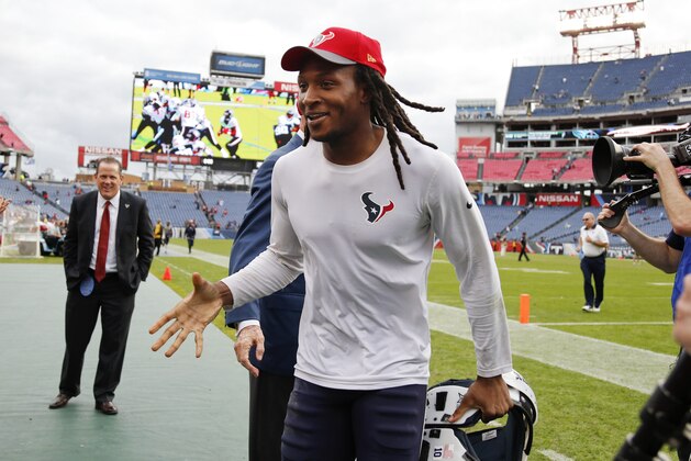 Houston Texans wide receiver DeAndre Hopkins leaves the field following a 34-6 win over the Tennessee Titans in an NFL football game Sunday, Dec. 27, 2015, in Nashville, Tenn. (AP Photo/Weston Kenney)