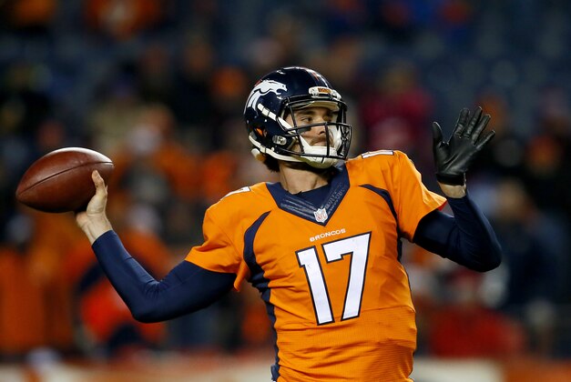 Denver Broncos quarterback Brock Osweiler (17) throws against the Cincinnati Bengals during the first half of an NFL football game, Monday, Dec. 28, 2015, in Denver. (AP Photo/Joe Mahoney)