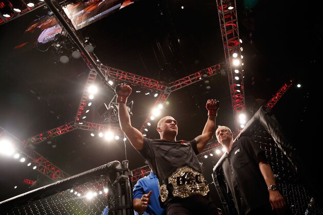 LAS VEGAS, NV - JULY 11:  Robbie Lawler reacts to his victory over Rory MacDonald in their UFC welterweight title fight during the UFC 189 event inside MGM Grand Garden Arena on July 11, 2015 in Las Vegas, Nevada.  (Photo by Christian Petersen/Zuffa LLC/Zuffa LLC via Getty Images)