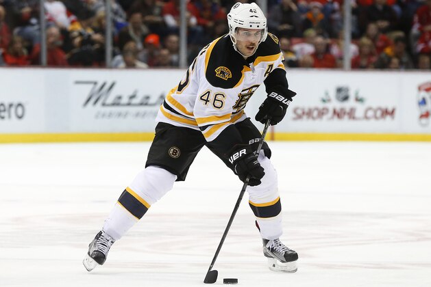Boston Bruins center David Krejci (46) skates with the puck against the Detroit Red Wings in the third period of an NHL hockey game Wednesday, Nov. 25, 2015 in Detroit. (AP Photo/Paul Sancya)