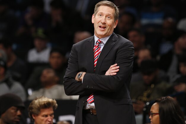 Phoenix Suns head coach Jeff Hornacek talks to an official in the second half of an NBA basketball game against the Brooklyn Nets at the Barclays Center, Tuesday, Dec. 1, 2015, in New York. The Nets won 94-91. (AP Photo/Kathy Willens)