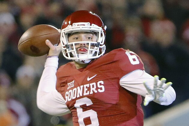 FILE - In this Nov. 21, 2015, file photo, Oklahoma quarterback Baker Mayfield (6) looks to pass against TCU during the first quarter of an NCAA college football game in Norman, Okla. Oklahoma quarterback Baker Mayfield is the unanimous pick as the Big 12 offensive player of the year and one of seven Sooners on The Associated Press All-Big 12 first team. (AP Photo/Alonzo Adams, File)