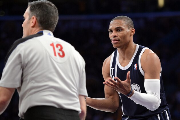 LOS ANGELES, CA - JANUARY 27:  Russell Westbrook #0 of the Oklahoma City Thunder reacts to referee Monty McCutchen #13 after his technical foul during a 106-95 Laker win at Staples Center on January 27, 2013 in Los Angeles, California.  NOTE TO USER: User expressly acknowledges and agrees that, by downloading and or using this photograph, User is consenting to the terms and conditions of the Getty Images License Agreement.  (Photo by Harry How/Getty Images)