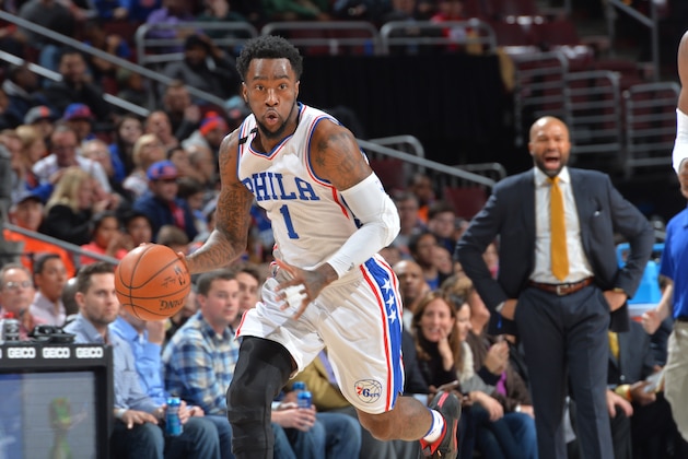 PHILADELPHIA,PA - DECEMBER 18: Tony Wroten #1 of the Philadelphia 76ers dribbles up court against the New York Knicks at Wells Fargo Center on December 18, 2015 in Philadelphia, Pennsylvania NOTE TO USER: User expressly acknowledges and agrees that, by downloading and/or using this Photograph, user is consenting to the terms and conditions of the Getty Images License Agreement. Mandatory Copyright Notice: Copyright 2015 NBAE (Photo by Jesse D. Garrabrant/NBAE via Getty Images)