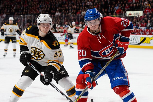 MONTREAL, QC - DECEMBER 09:  Torey Krug #47 of the Boston Bruins and Christian Thomas #20 of the Montreal Canadiens skate towards the corner during the NHL game at the Bell Centre on December 9, 2015 in Montreal, Quebec, Canada.  The Boston Bruins defeated the Montreal Canadiens 3-1.  (Photo by Minas Panagiotakis/Getty Images)