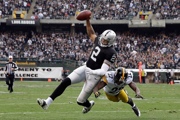 OAKLAND, CA - OCTOBER 27:  Terrelle Pryor #2 of the Oakland Raiders is tackled by William Gay #22 of the Pittsburgh Steelers at O.co Coliseum on October 27, 2013 in Oakland, California.  (Photo by Ezra Shaw/Getty Images)