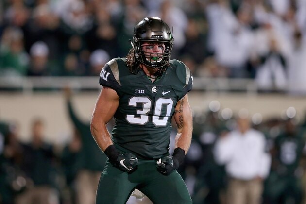 EAST LANSING, MI - SEPTEMBER 12:  Riley Bullough #30 of the Michigan State Spartans during their game at Spartan Stadium on September 12, 2015 in East Lansing, Michigan.  (Photo by Streeter Lecka/Getty Images)