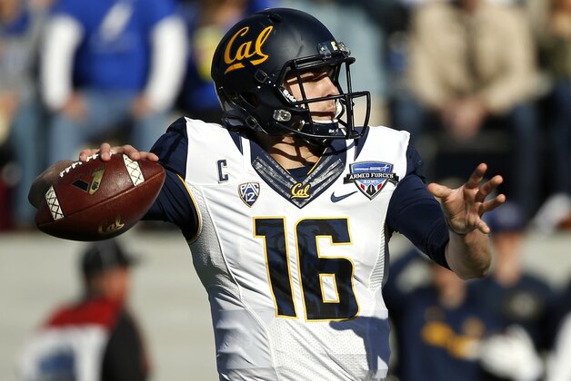 California quarterback Jared Goff (16) looks for an open receiver against Air Force during the first half of the Armed Forces Bowl NCAA college football game, Tuesday, Dec. 29, 2015, in Fort Worth, Texas. (AP Photo/Ron Jenkins)