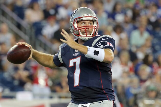 FOXBORO, MA - SEPTEMBER 3:   Ryan Lindley #7 of the New England Patriots throws against the New York Giants in the first quarter at Gillette Stadium on September 3, 2015 in Foxboro, Massachusetts. (Photo by Jim Rogash/Getty Images)
