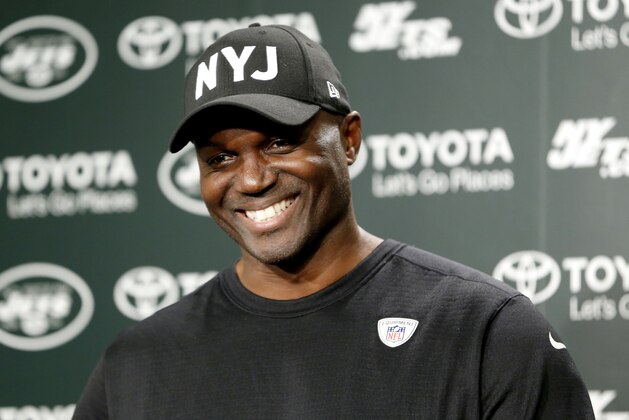 New York Jets head coach Todd Bowles talks to reporters during NFL football practice, Wednesday, Dec. 9, 2015, in Florham Park, N.J. (AP Photo/Julio Cortez)