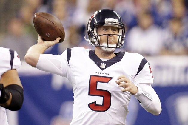 FILE - In this Dec. 20, 2015, file photo, Houston Texans' Brandon Weeden (5) throws during the second half of an NFL football game against the Indianapolis Colts in Indianapolis. Weeden became the fourth quarterback to lead Houston to a win this season when he helped the Texans to their first-ever victory in Indianapolis this weekend after T.J. Yates was injured. (AP Photo/AJ Mast, File)