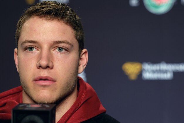 Stanford University running back Christian McCaffrey talks to reporters during a news conference in Los Angeles, Monday, Dec. 28, 2015. Stanford is scheduled to play Iowa in the Rose Bowl NCAA college football game on New Year's Day. (AP Photo/Richard Vogel)