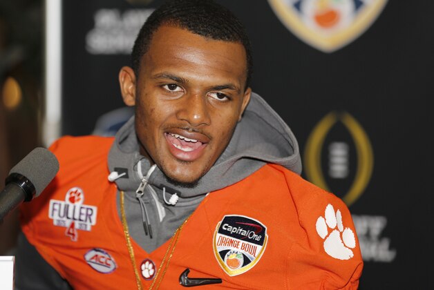 Clemson quarterback Deshaun Watson speaks during Orange Bowl media day at Sun Life Stadium Tuesday, Dec. 29, 2015, in Miami Gardens, Fla. Clemson is scheduled to play Oklahoma in the Orange Bowl NCAA college football game on New Year's Eve. (AP Photo/Joe Skipper)