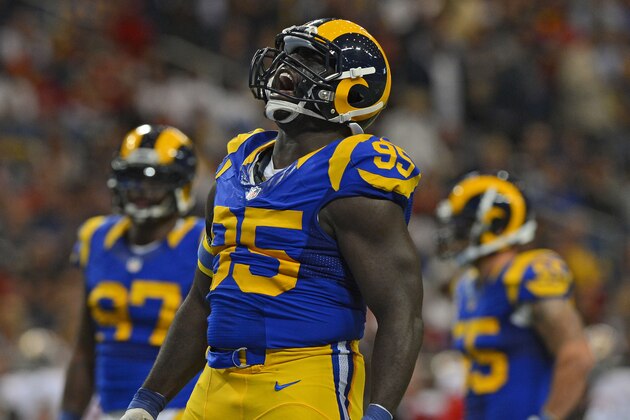 Oct 13, 2014; St. Louis, MO, USA; St. Louis Rams defensive end William Hayes (95) fires up the crowd during the first half against the San Francisco 49ers at the Edward Jones Dome. San Francisco defeated St. Louis 31-17. Mandatory Credit: Jeff Curry-USA TODAY Sports