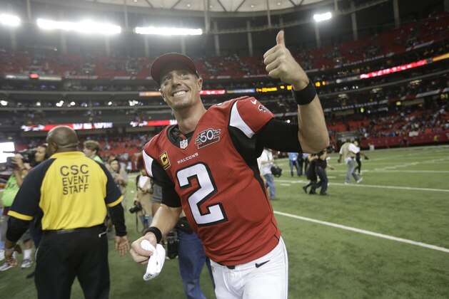 Atlanta Falcons quarterback Matt Ryan (2) runs off the field after an NFL football game against the Carolina Panthers, Sunday, Dec. 27, 2015, in Atlanta. The Atlanta Falcons won 20-13. (AP Photo/David Goldman)
