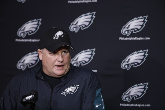 Philadelphia Eagles head coach Chip Kelly speaks with members of the media at the NFL football team's practice facility, Monday, Dec. 28, 2015, in Philadelphia. (AP Photo/Matt Rourke)